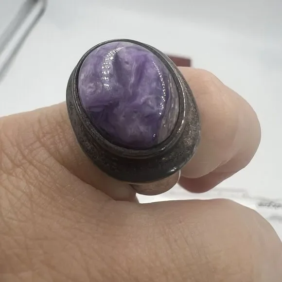 925 Sterling Silver Purple Charoite Oval Ring Sz 6.25 Pinky Heavy Tested GIFT - Picture 1 of 14